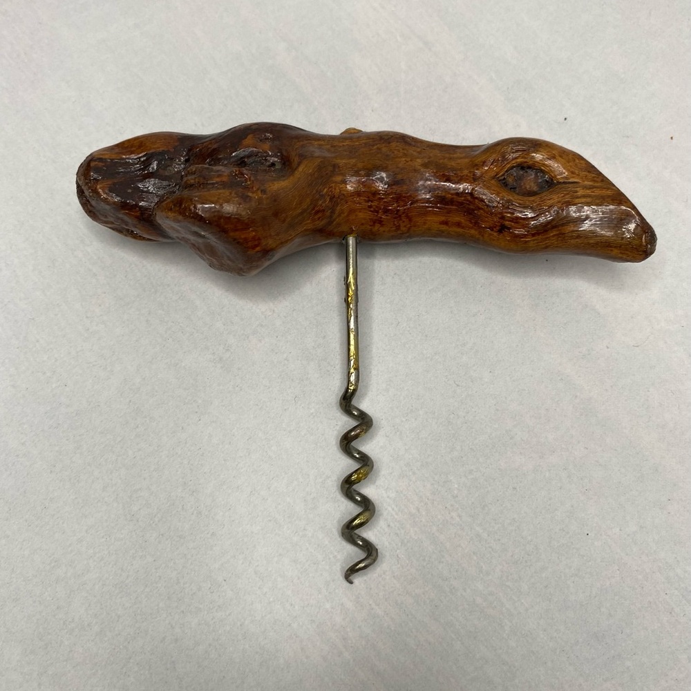Hand-Carved Wooden Handle Corkscrew - Brown Wood